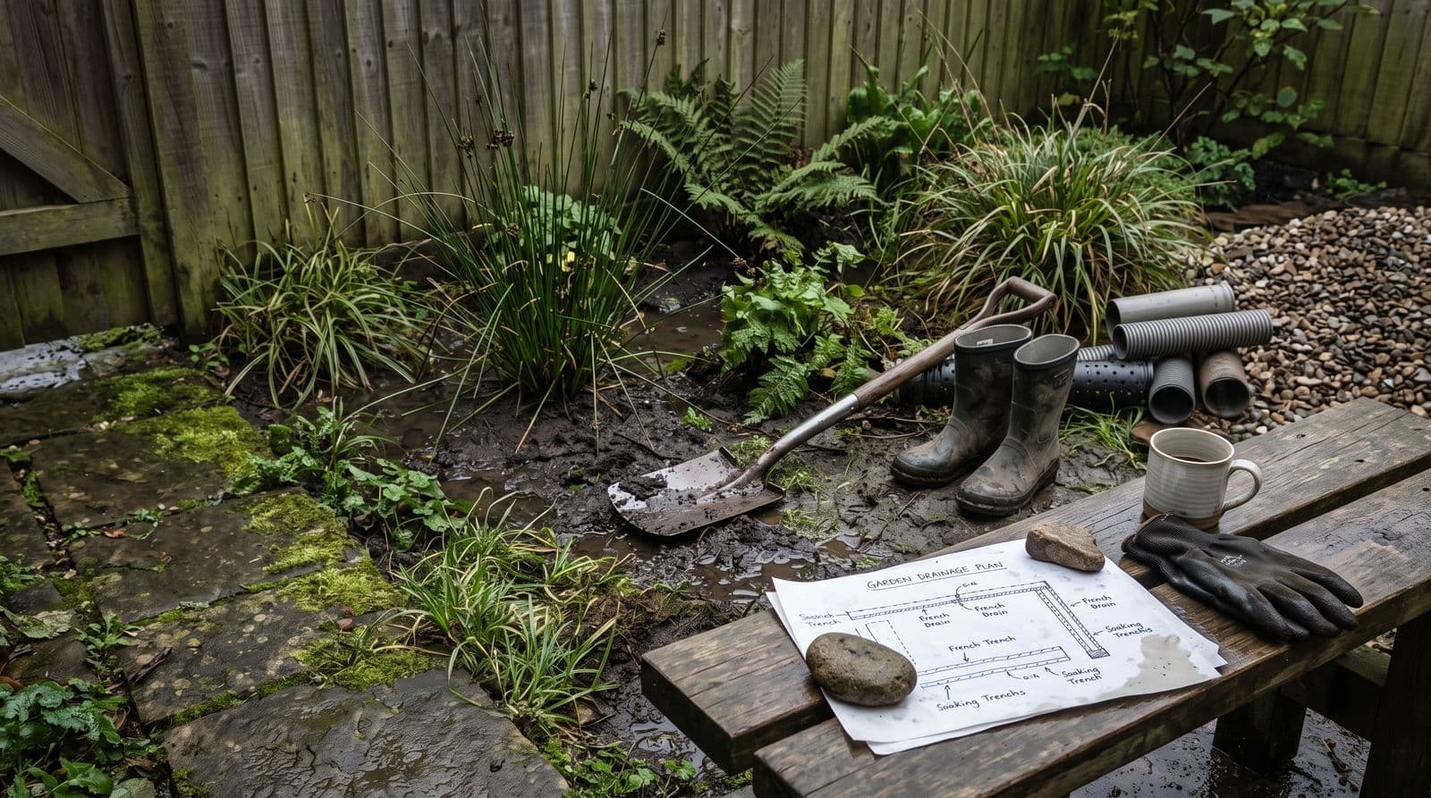 A waterlogged garden bed with standing water around sedges and ferns, a muddy spade and wellies, drainage pipes and gravel at the side, and a sketched garden drainage plan on a weathered bench