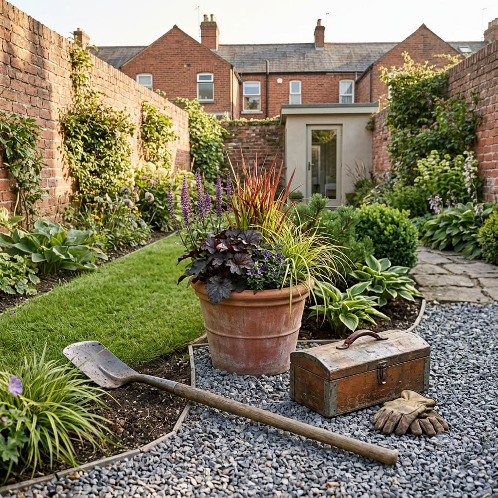 A gravel and mulched garden border with structural evergreen shrubs and a single large grouped planter, a closed toolbox resting on a nearby bench in soft late afternoon light