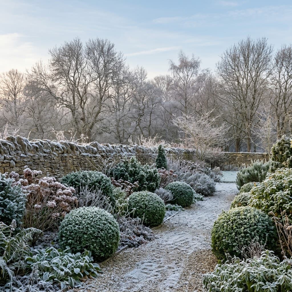 A frost-dusted English garden border with clipped evergreens and bare deciduous trees under a pale winter sky