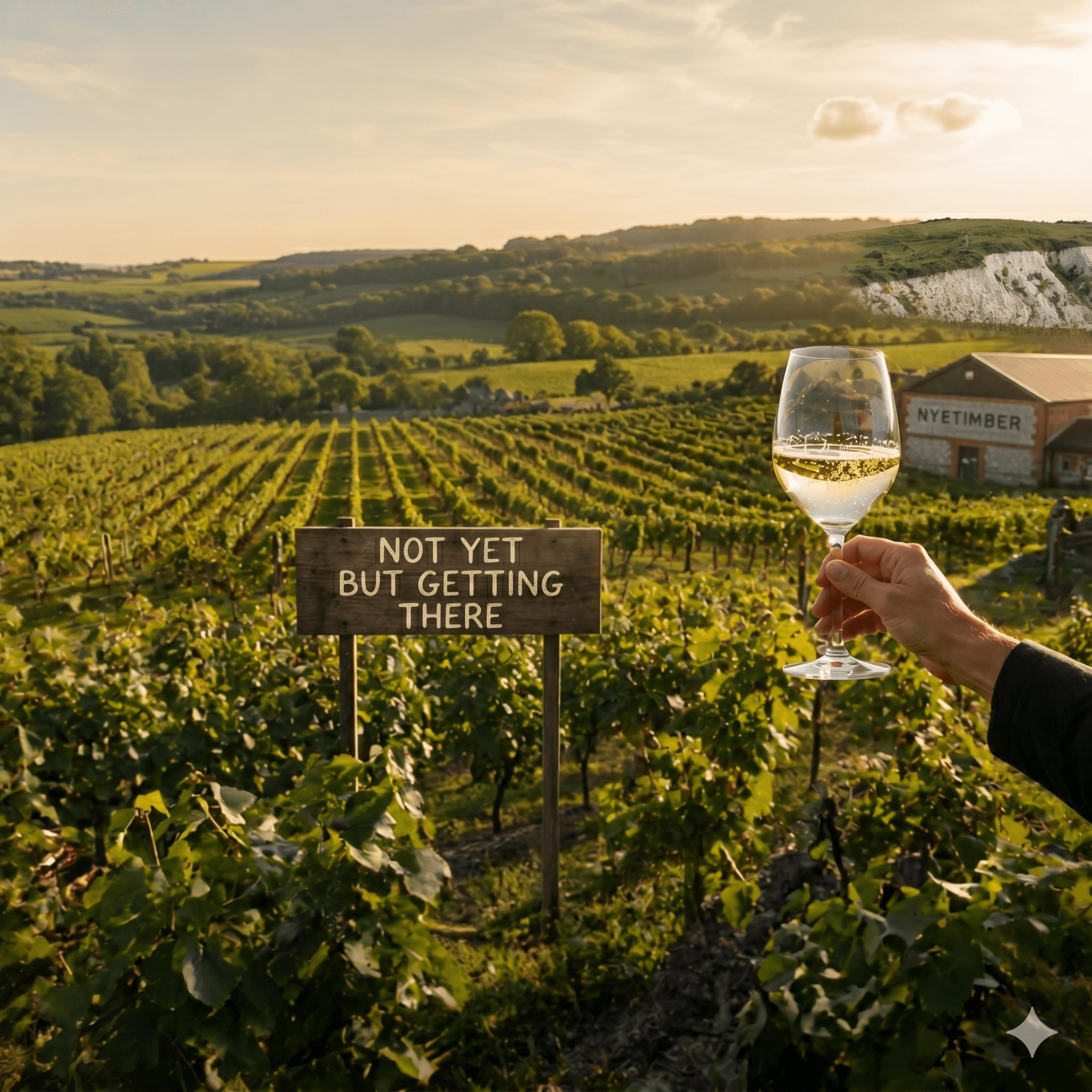 A sunlit southern English vineyard on a south,facing slope, with the soft outline of the South Downs in the background and neat parallel rows of grapevines under a warm summer sky